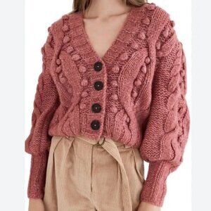 NWT SEA New York Caden Cardigan XS Pink Rose Alpaca Wool Crop Pom Pom Knit